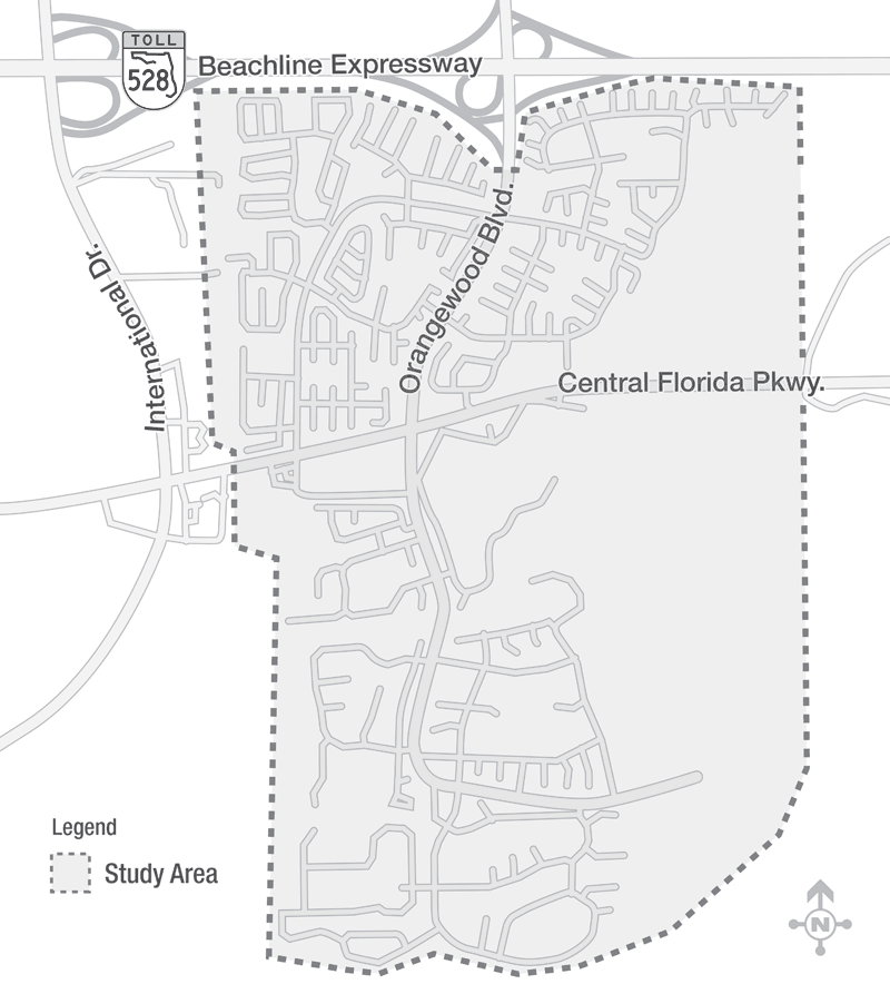 This map provides the extents of the Williamsburg Areawide Study. The study area is located within Orange County, Florida.